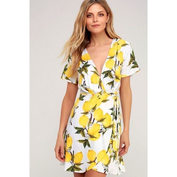 Lulu's Lemon Print Wrap Mini Dress - Picture 8 of 16